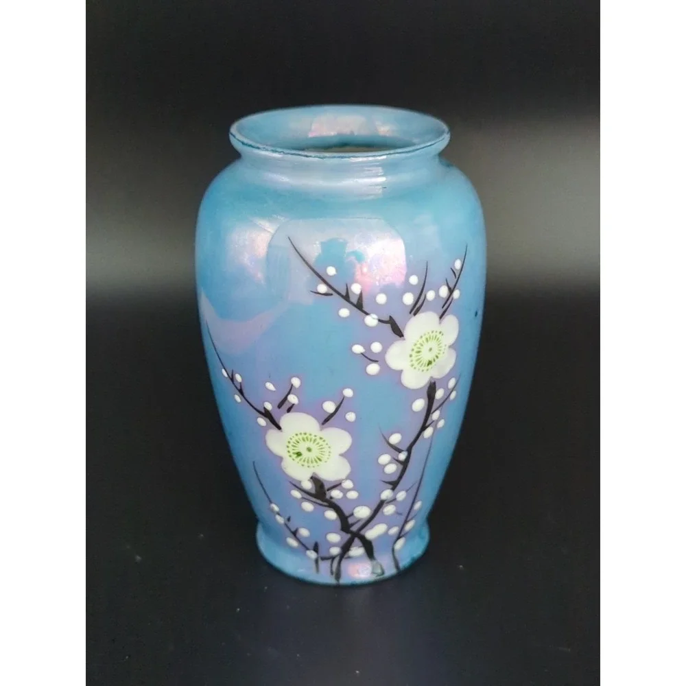 Vintage Blue Luster Dogwood Flower Vase 3.75 Inch Porcelain Ginger Jar Japan